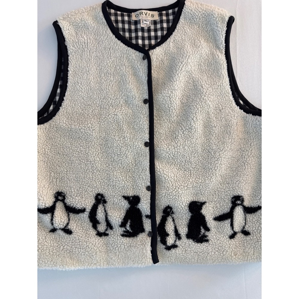 Orvis Womens XL Penguin Sherpa Fleece Vest Gingham Lined Snap Front Cream